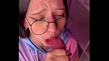 Asian student with glasses gives blowjob after classes